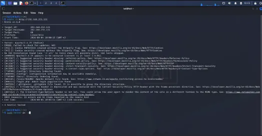 Terminal output from a web server scan in Kali Linux
